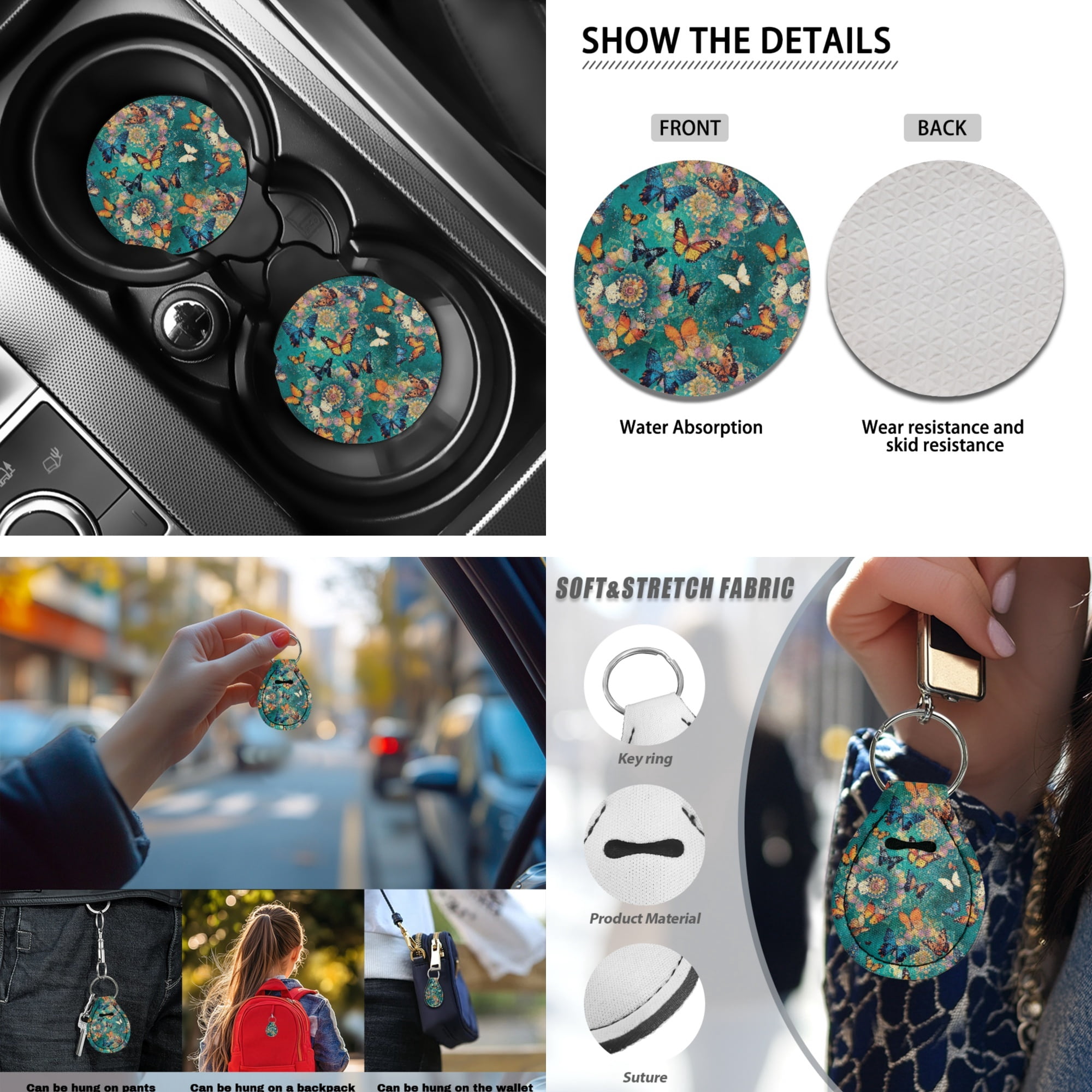 Jeiento Butterfly 13 PCS Car Seat Cover Full Set with Auto Steering Wheel Cover Seat Belt Strap Pads Cup Coasters Armrest Pad Boho Flower Keychains Chapstick Holder Universal Fit Easy Install