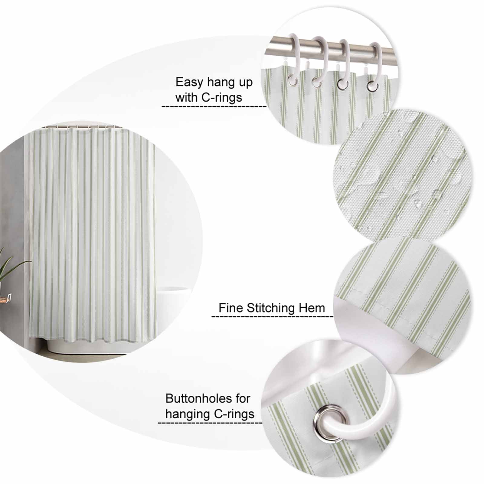 Extra Long Shower Curtain 72x96 Inch, Sage Green Striped Shower Curtain Waterproof Bathroom Decor Sage Green White Stripes Farmhouse Fabric Bath Curtain Set Accessories with Hooks
