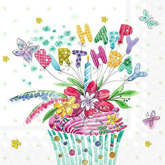 Boston International IHR 3-Ply Paper Cocktail Napkins, 5" x 5", Birthday Cupcake (Pack of 20)