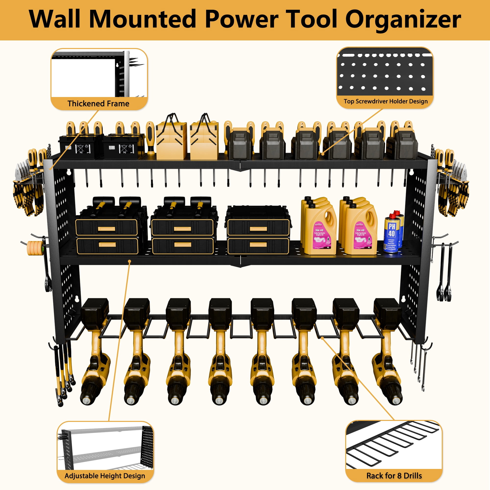 YHGJ Wall Mount Power Tool Organizer 8 Drill Holder, 3 Layer Heavy Duty Metal Storage Rack Floating Tool Shelf with Pegboard, Garage Tool Organizer with Screwdriver/Plier/Hammer Holder