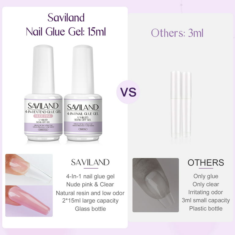 Saviland 15ML Nail Glue Gel,4 in 1 UV Nail Glue Gel for Easy and Fast Nail  Extension, Strong Gel X Nail Glue for Long Lasting Nail Tips DIY Nail