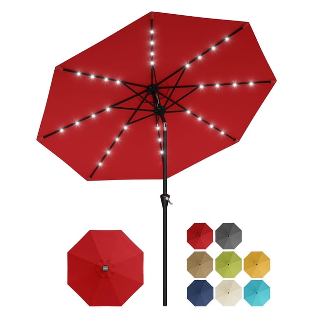 10FT Solar Patio Umbrella with 32 LED Lights – UV Protection, 8 Sturdy Ribs – Crank Lift, Push Button Tilt – Outdoor Market Table Umbrella for Patio, Garden, Pool