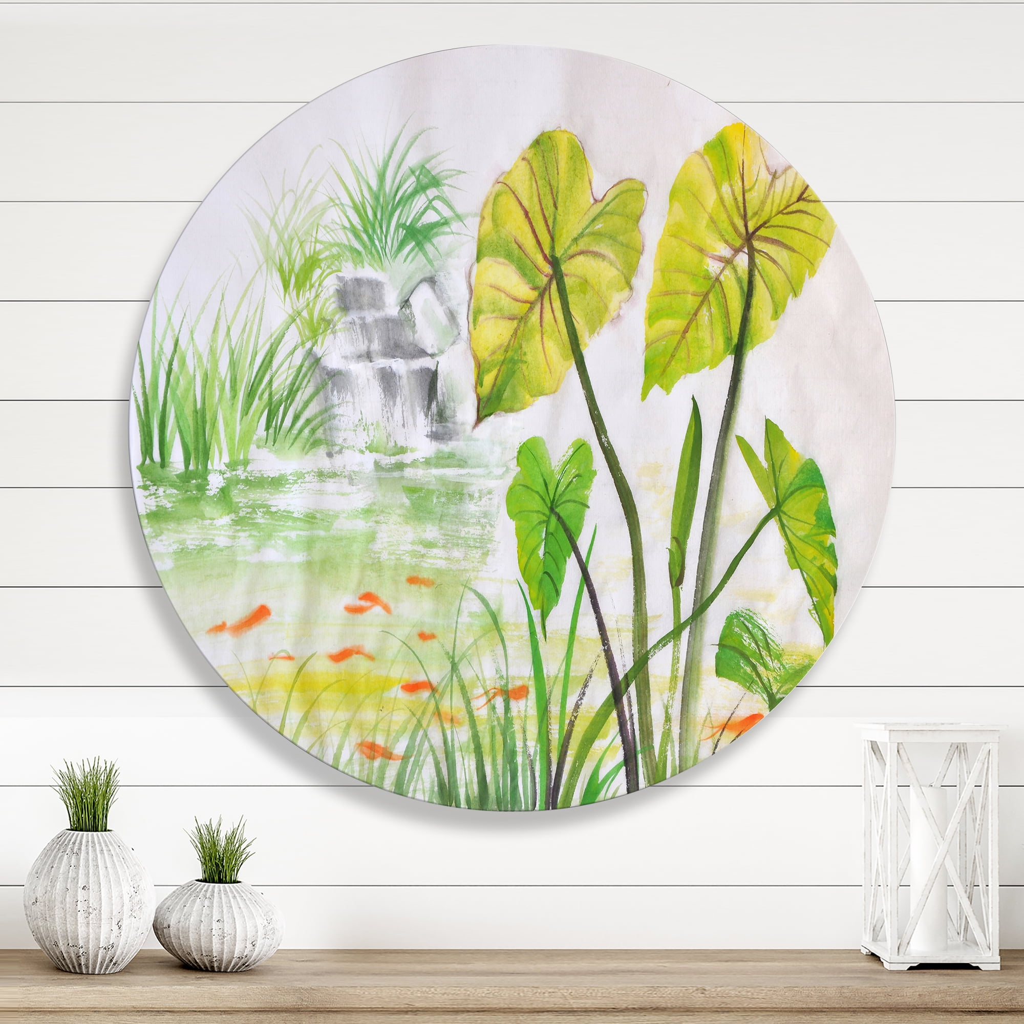 Designart 'Ancient Lotus Pond' Lake House Circle Metal Wall Art 11x11 - Disc of 11