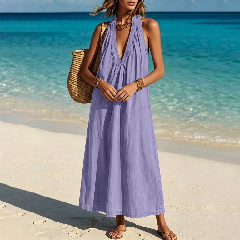 v neck halter dress casual Women's Solid Color V-Neck Maxi Dress Sleeveless Halter Neck Beach Cover Up Casual Summer Long Dress with Pockets Size S-XXL