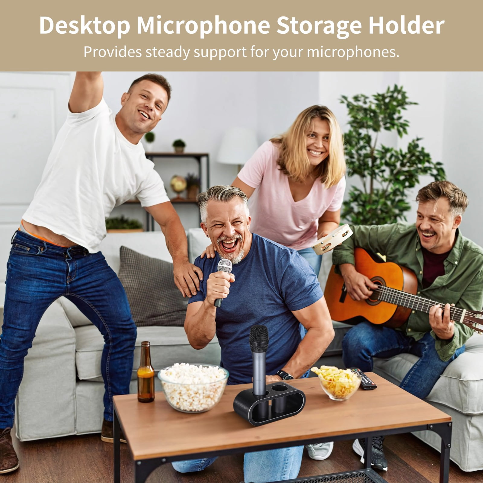 Metal Desktop Microphone Storage Holder, Aluminum Alloy Microphone Stand, Fashionable Tabletop Mic Organizer for Desk, Mic Mount for Karaoke, Nightclubs, Homes, Holds Two Microphones