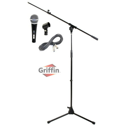 Microphone Boom Stand Package by Griffin Telescoping Arm Mount & Tripod Holder Cardioid Dynamic Handheld Vocal Microphone 2 FT XLR Mic Cable Live Sound Stage Gear For Recording Studio or PA DJ