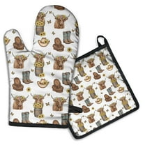 White Highland Cow Flower Barrel Pattern Kitchen Oven Mitt and Pot Holder Sets 2 Pcs for Baking, Cooking and Grilling, Heat Resistant Up To 392 °F
