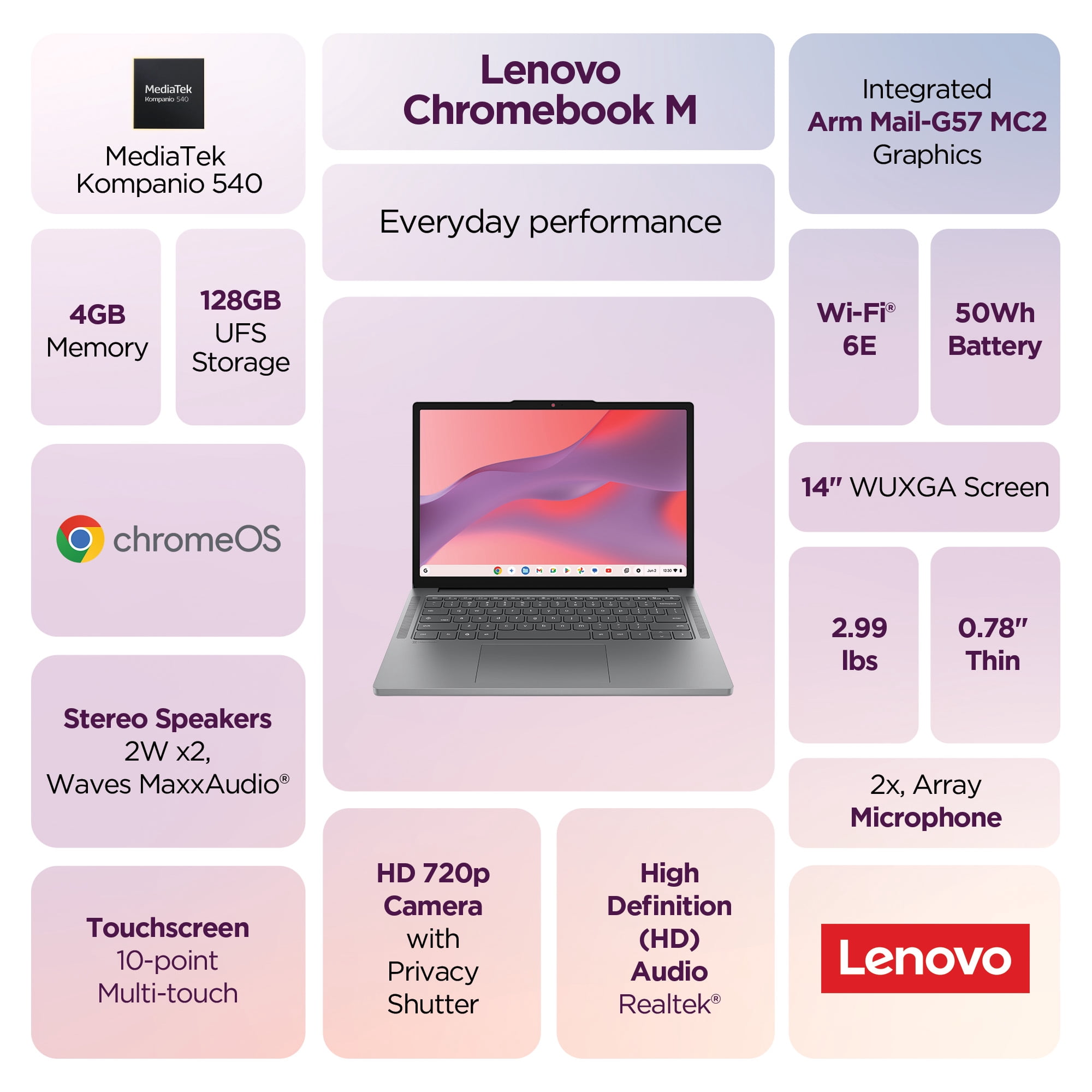 Lenovo Chromebook m 14" Laptop, MediaTek Kompanio 540, 4GB RAM, 128GB SSD, Luna Grey