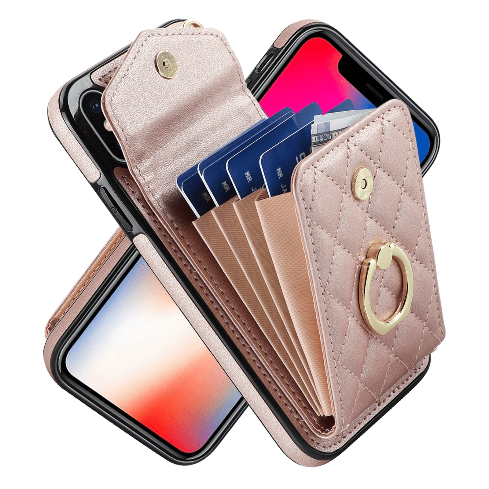 Asuwish Wallet RFID Blocking PU Leather Cell Phone Case with Tempered Glass Screen Protector, Wrist Strap for iPhone X/XS, Rose Gold