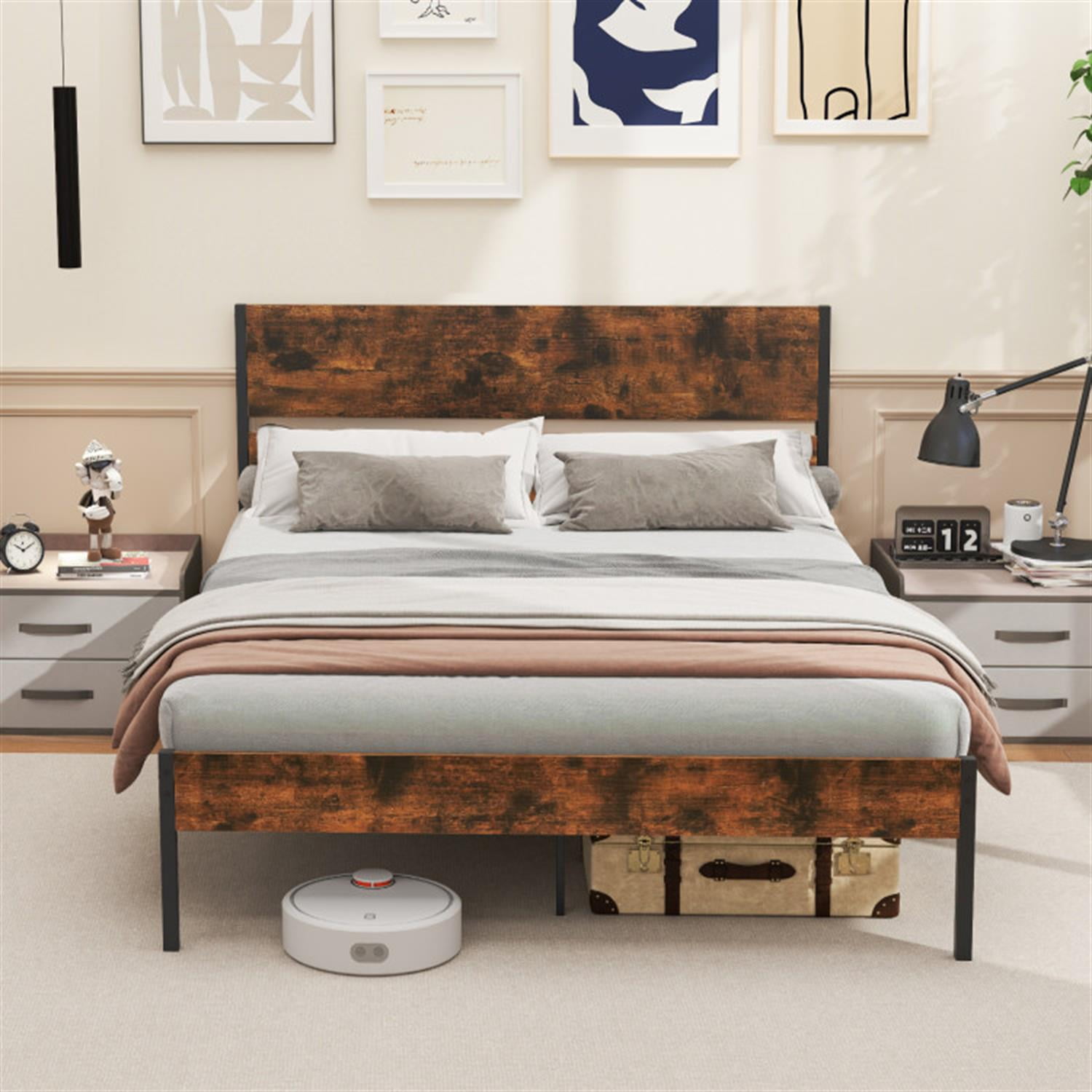 Demi Bonn Queen Size Bed Frame with Wooden Headboard and Footboard, Modern Metal Platform Bed Frame with Under Bed Storage, No Box Spring Needed, Brown