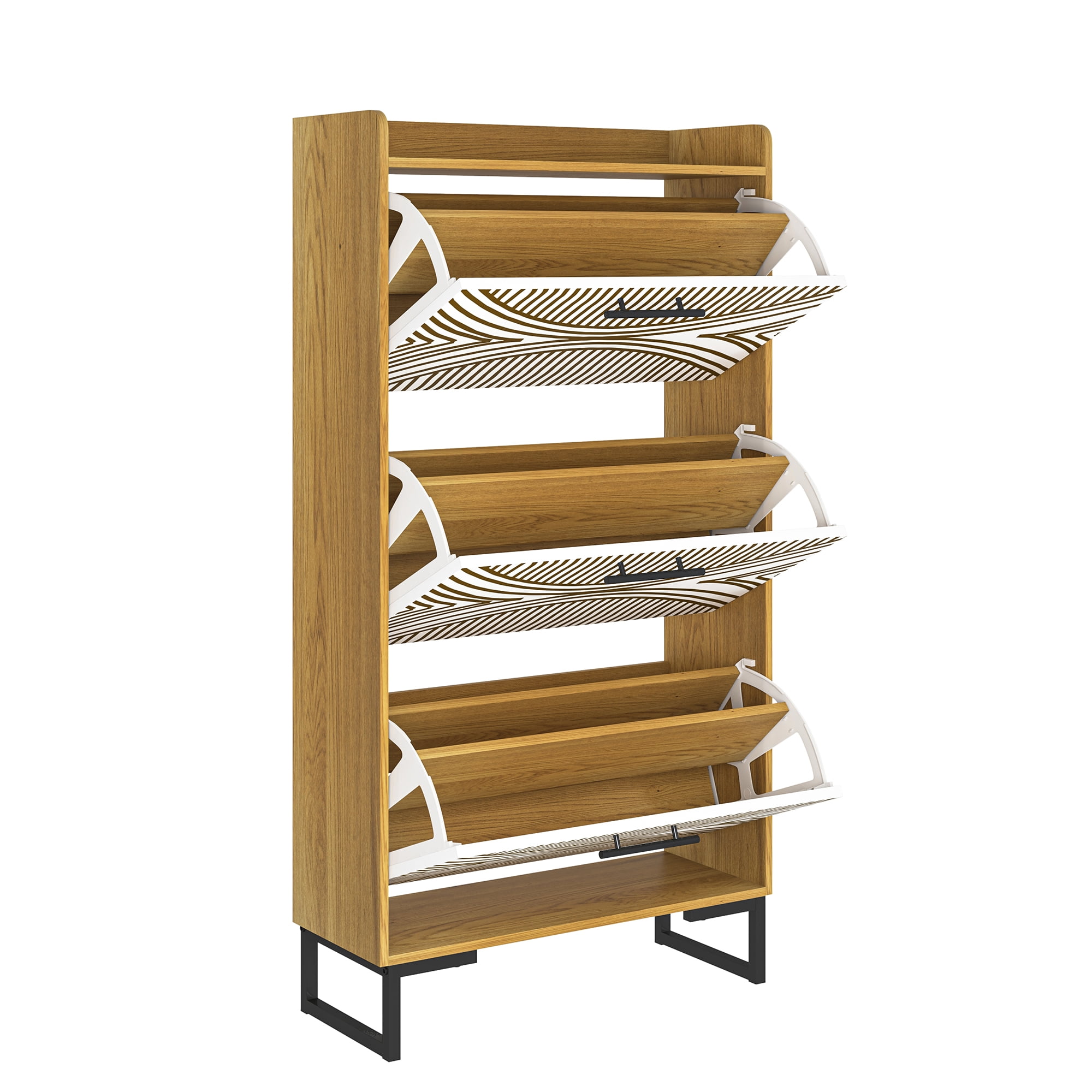 Hommoo 3 Tiers Flip Shoe Storage Cabinet with PVC painted, Modern Wood Shoe Rack Storage Organizer for Home, Brown