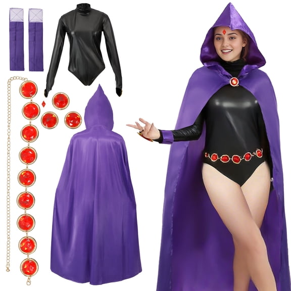 5 Pieces Women's Raven Cosplay Costume, Deluxe Adult Titans Outfit with Gem Waist Belt for Halloween Party(165CM)