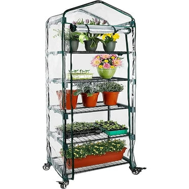Garden Upgraded 5-Tier Mini Greenhouse with Castors Wheels - Portable Small Gardening Green House with PVC Cover - Heavy Duty Swivel Castors with Brakes - 76''H x 27''L x 19''W Indoor & Outdoor