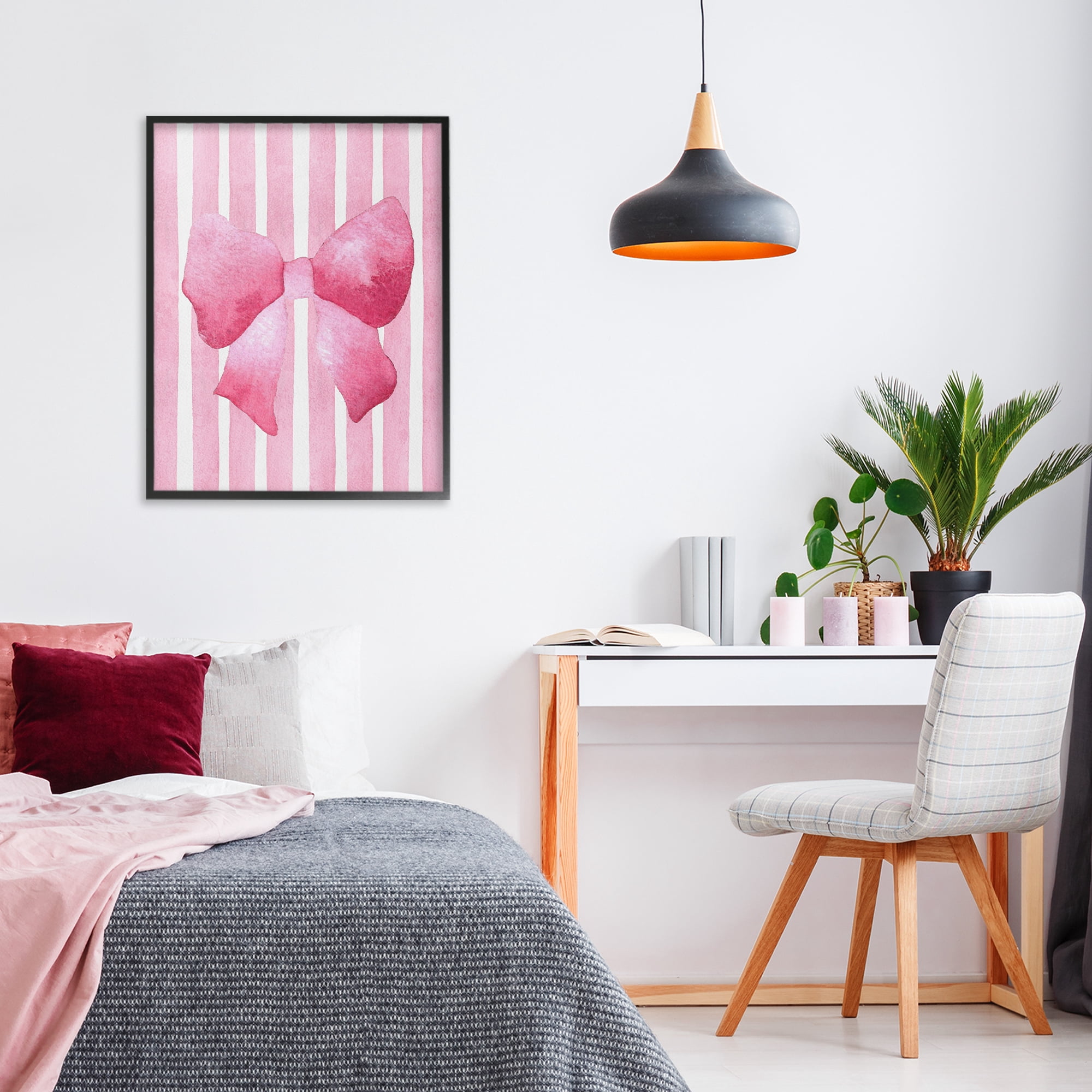 Stupell Industries Chic Bow on Pink Stripes Black Framed Giclee Art, design by Camila Juncos