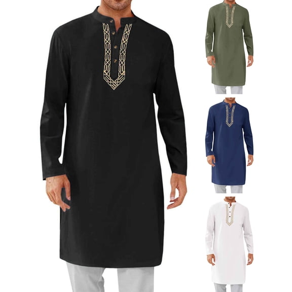 ZenCart Men's Kaftan Robe O-Neck Long Sleeve Abaya Breathable Button-up Thobe Arabic Ihram Clothing for Casual Occasions Prayers