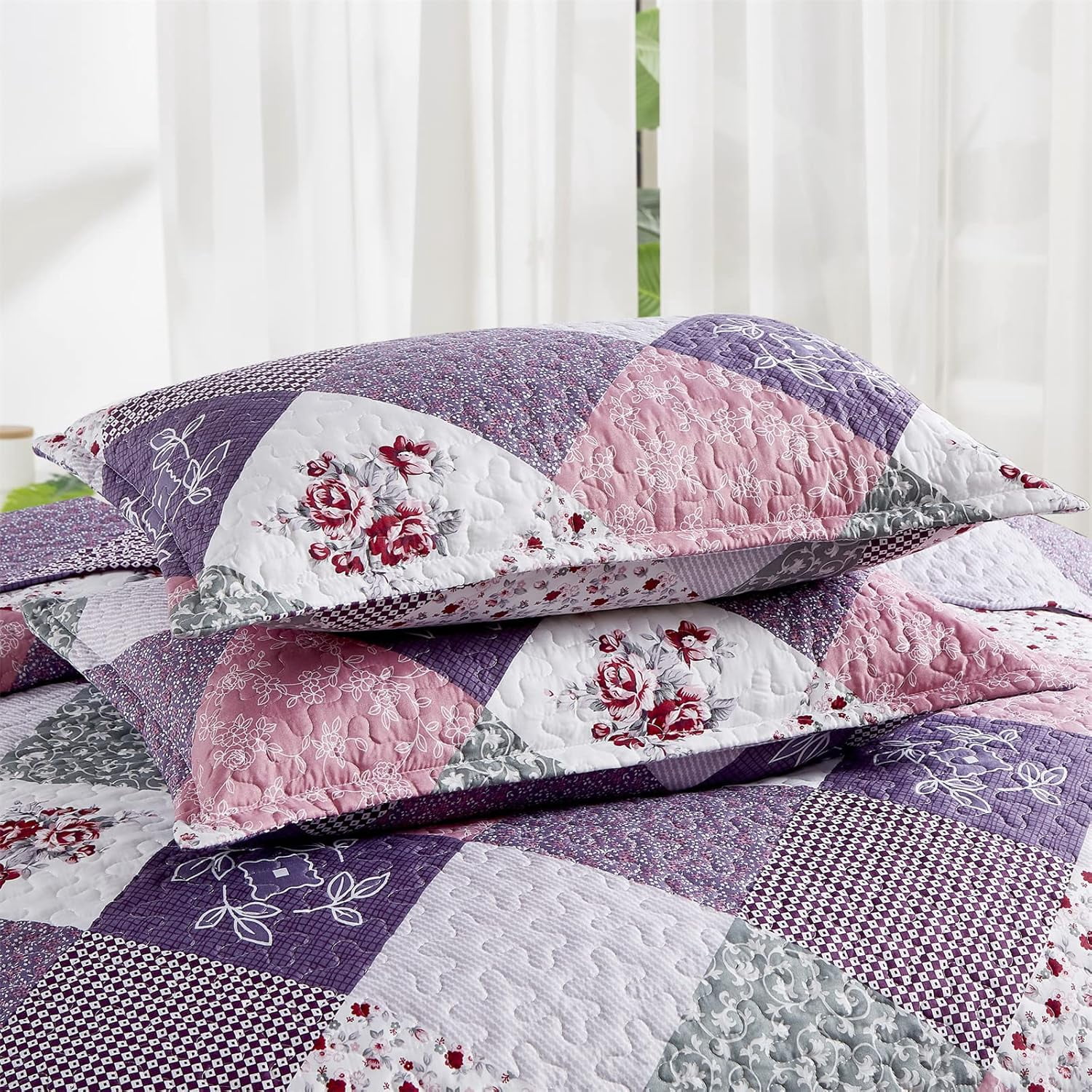 Purple Floral Plaid Quilt Set King Size Patchwork Pattern Bedding Set Bedspread Coverlet (104"x 90")