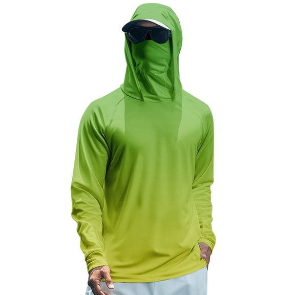GrmtClth Mens Fishing Shirts with Mask Hooded UV SPF T-Shirts Long Sleeve Sun Protection Shirts Lightweight Rash Guard Shirts Hiking Working Hoodie Shirts Fluorescent Green S