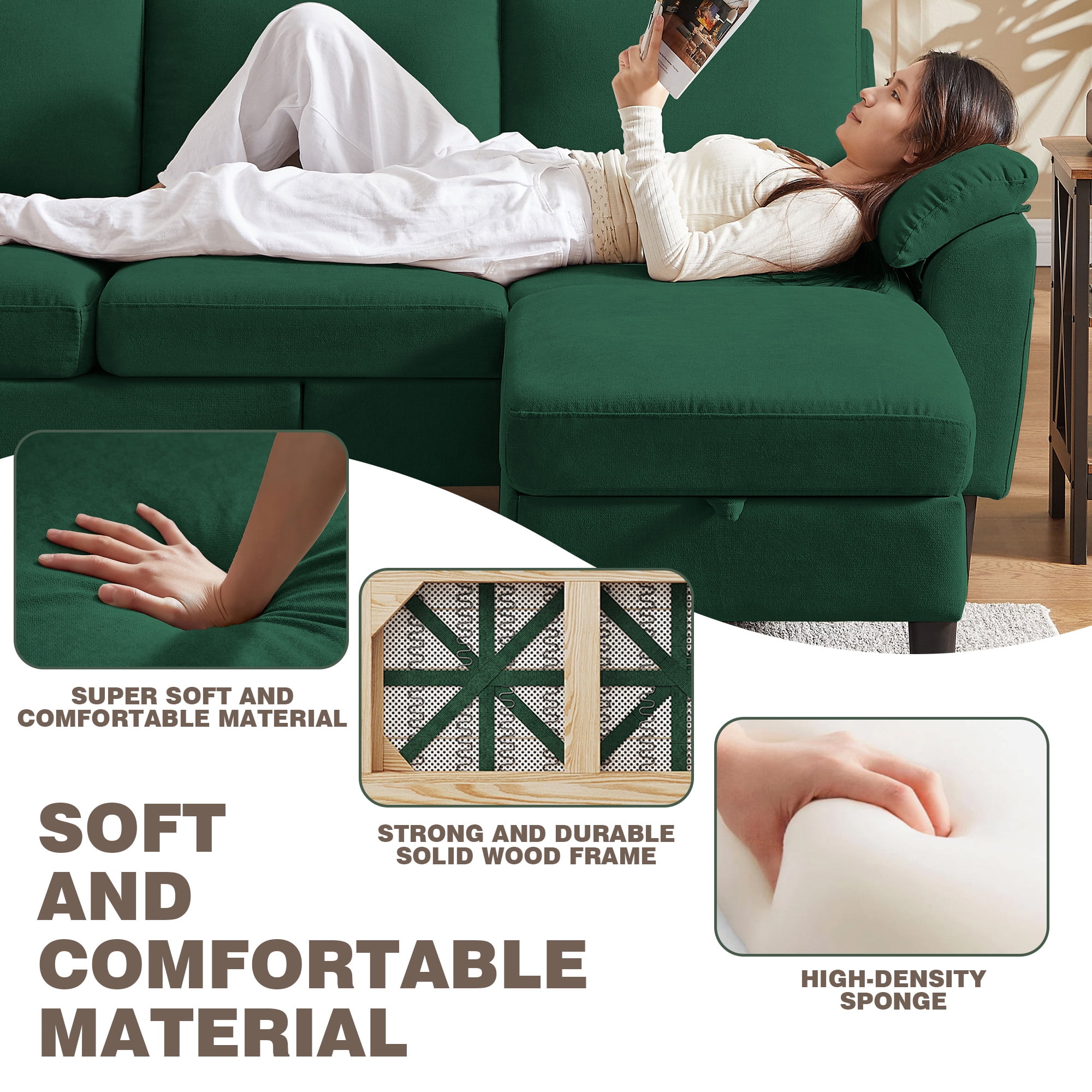 Pingliang Home Sectional Sofa Couch with Storage Ottoman and Loveseat,Modern 5 Seater Sofa Couch Set,L Shaped Couch with Footstool for Living Room Apartment Studio Office,Green