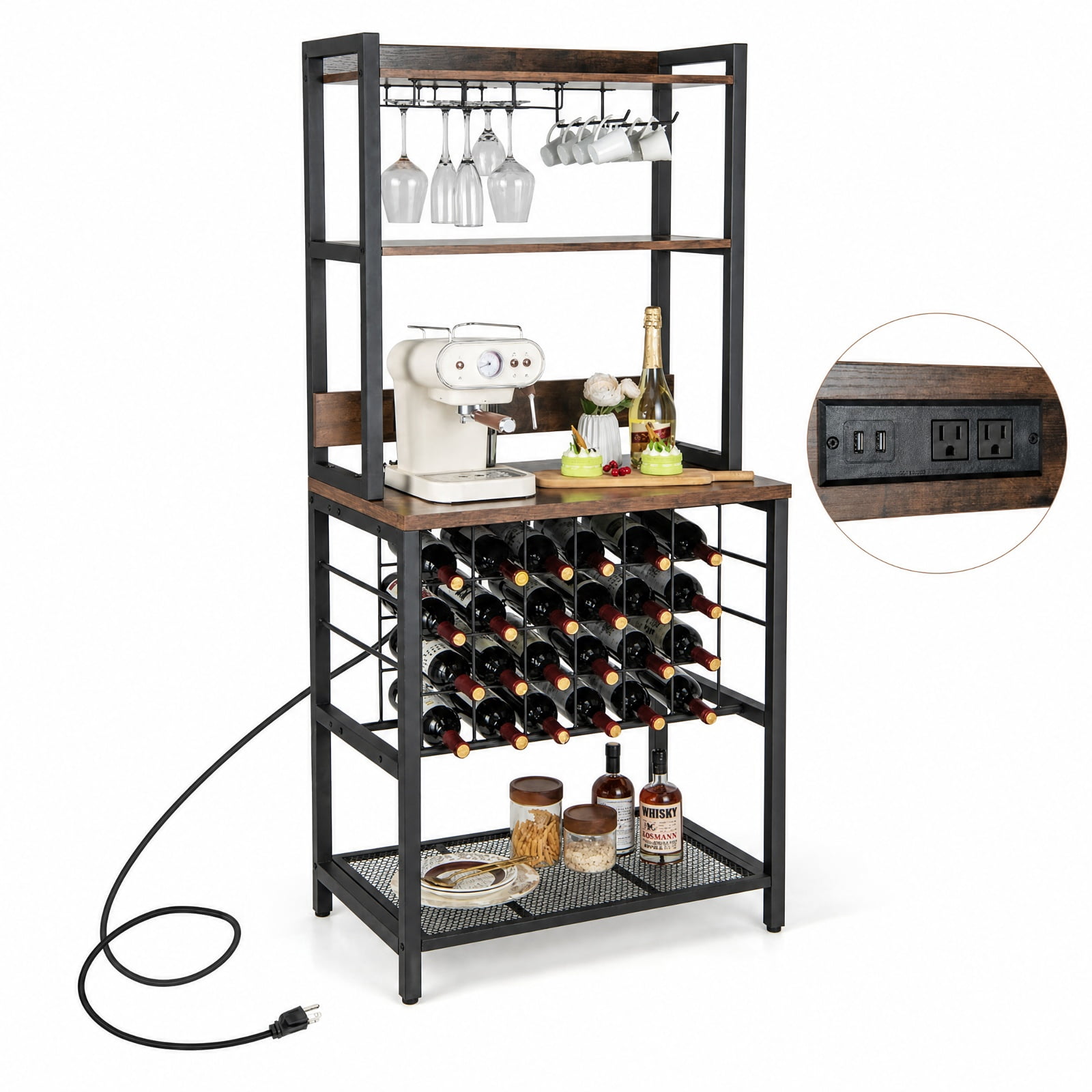 RUIE Wine Bar Cabinet with Power Outlets, Industrial Bar Cabinet with Wine Rack Glass Holders 4-Tier Storage for 24 Bottles, Kitchen Dining Room, Brown
