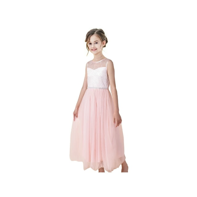 Robe Fille Rose Blush en Chiffon avec Strass, Robe de Bal Maxi 12 Ans