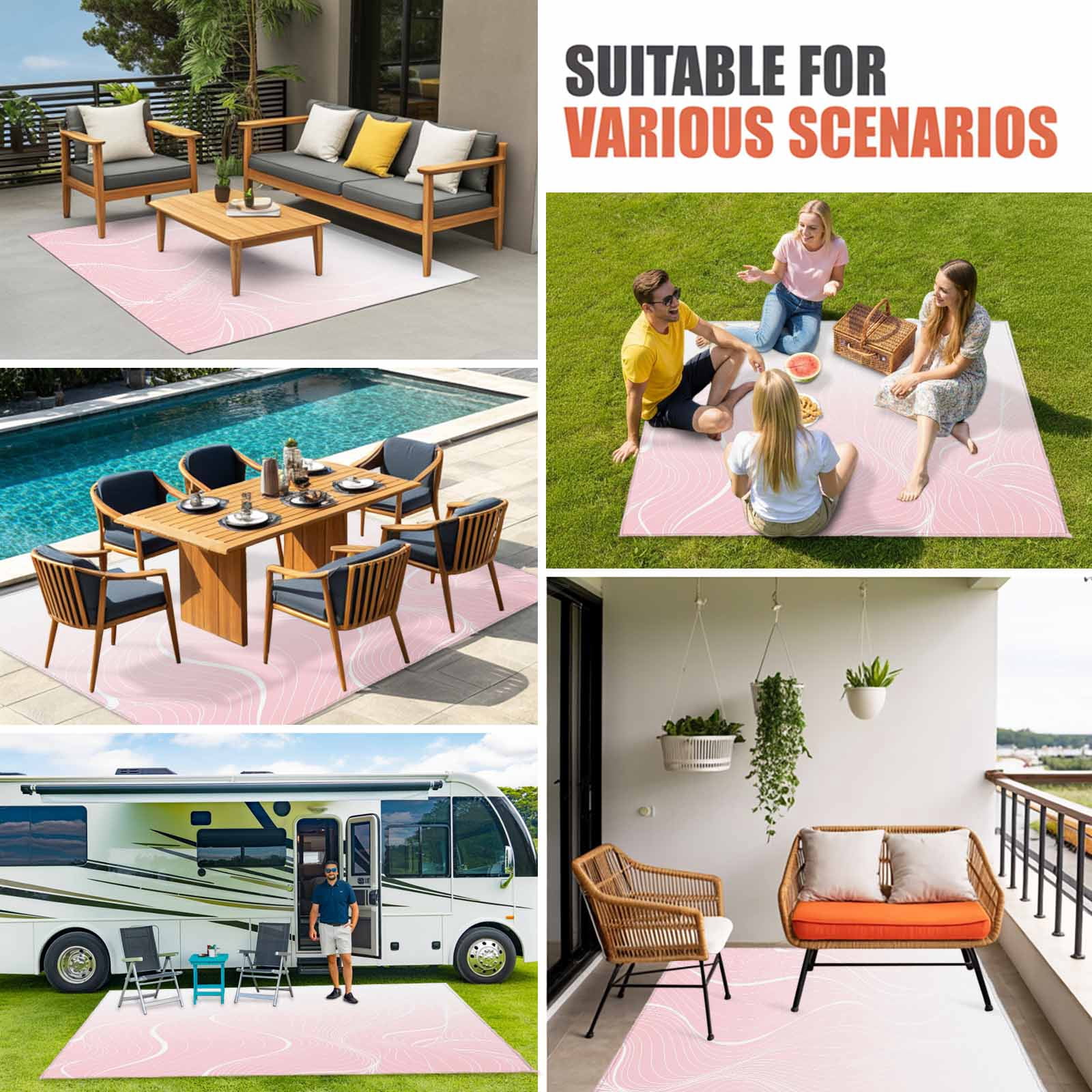 Outdoor Rug 3x5 ft Ombre Pink Stripes Outdoor Large Area Rug Non Slip Rubber Striped Lines Waves Front Door Mat RV Rug Camping Carpet Patio Outdoor Rugs for Backyard Balcony Deck Porch Indoor