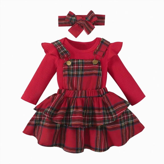 larppty Baby Girl Christmas Clothes Plaid Outfits Long Sleeve Romper Overall Skirt Dress Cute Newborn Outfit(Red)