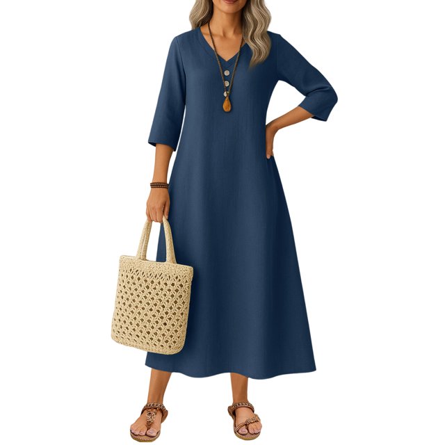Robe Tailleur pour Femme Robe pour Femmes Longue Robe Bohème de Plage Élégante Robe Maxi Robe à Col en V Robe à Manches 3/4 Bleu Marine P