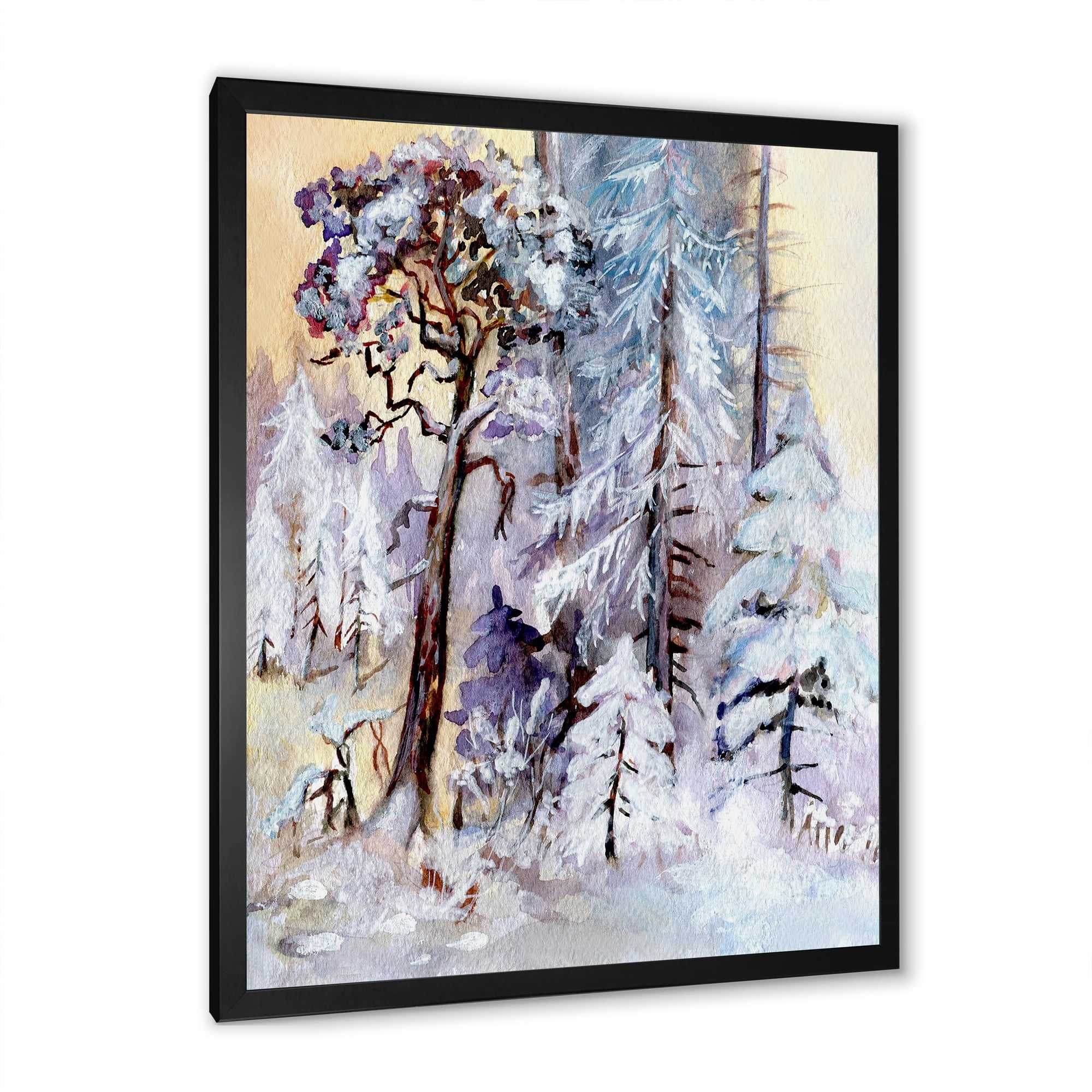 Designart 'The Lake With Winter Snowy Forest' Lake House Framed Art Print