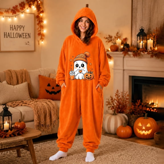 Stralyhd Midsummer Gather Couple Matching Onesies Halloween Holiday Funny Pajamas Night Club Plush Jumpsuits Spooky Horror Cozy Pajamas Brown XL