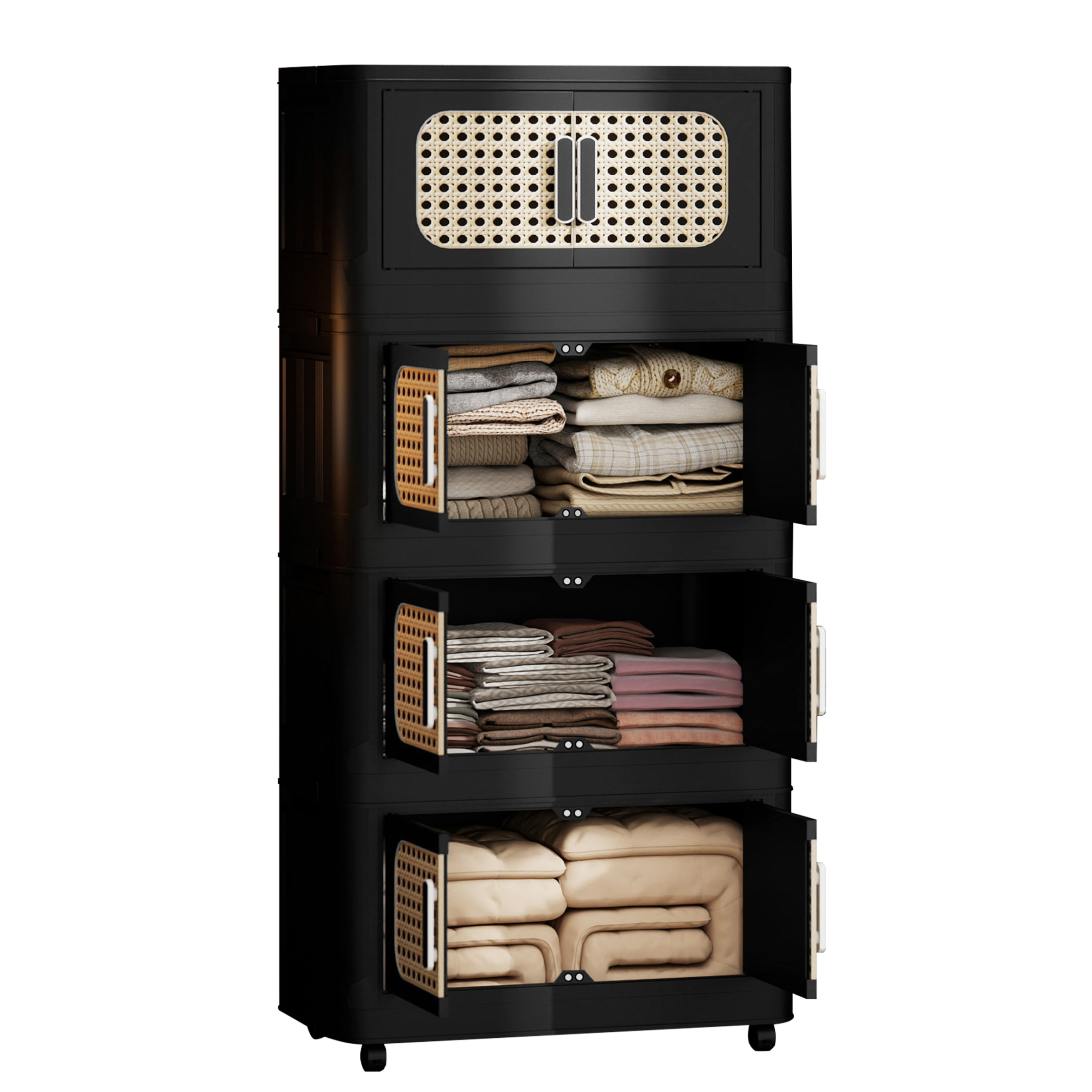 Noble House 20" Folding Plastic Storage Cabinet, 4-Tier Collapsible PP Bins, Magnetic Door with Wheels, Retro Black