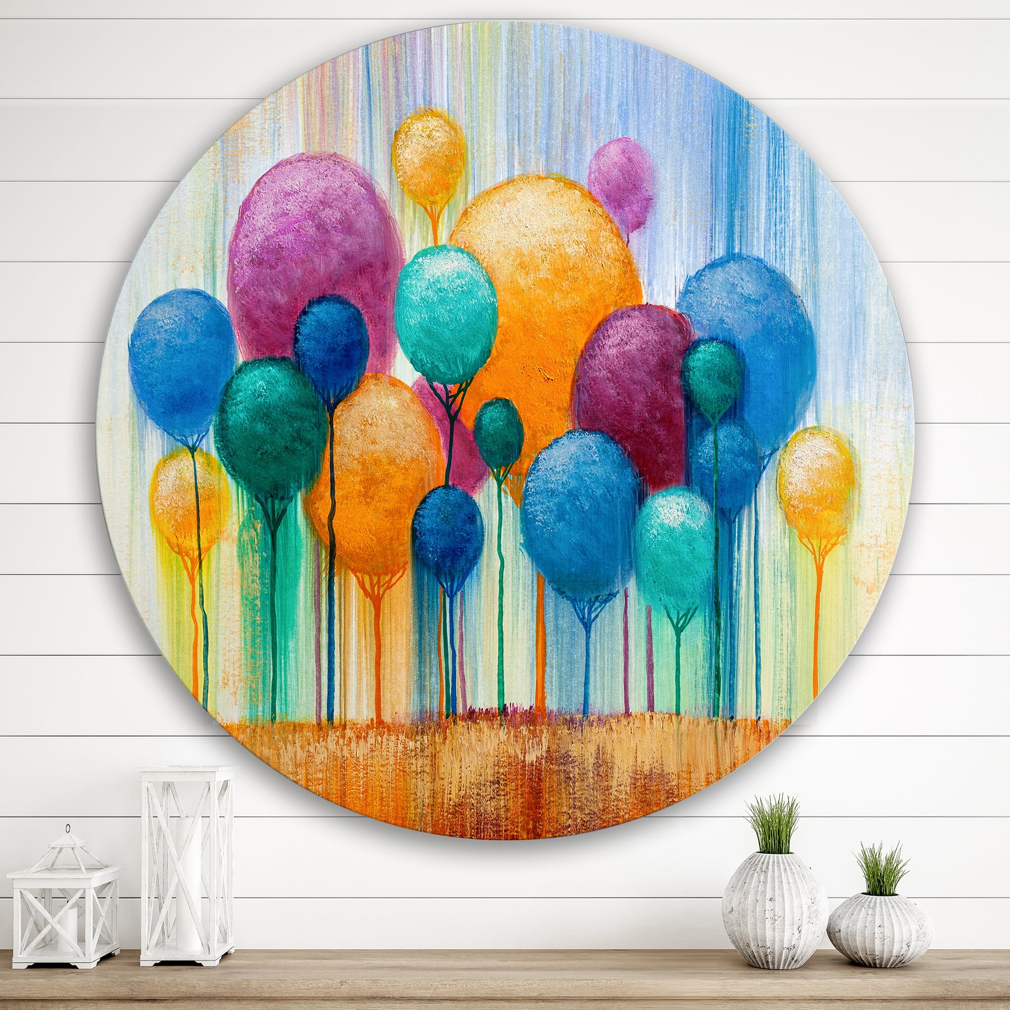 Designart 'Ornamental Colourful Trees IV' Modern Circle Metal Wall Art 36x36 - Disc of 36