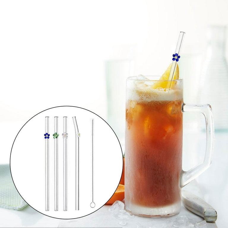 Flower Glass Straw with Brush Colored Creative Flower Straw Glass Reusable  Drinking Straws Bent Curved Straw Tea Coffee Juice