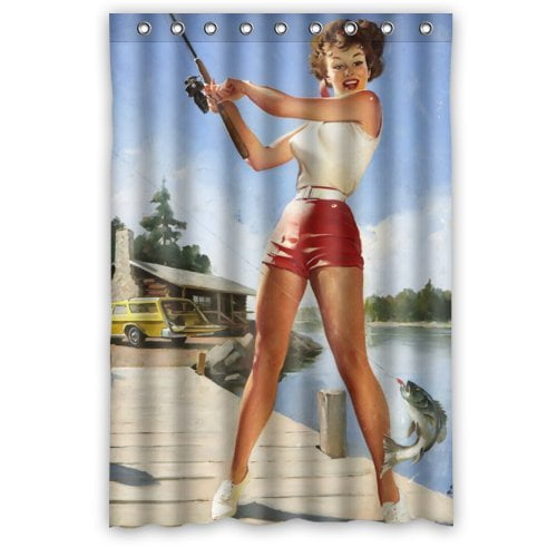 YUSDECOR Amercan Sexy Pin-up Girl fishing - Vintage Retro Body Art Work  Canvas Painting Style Shower Curtain Polyester Fabric Bathroom Shower  Curtain 48x72 inches 