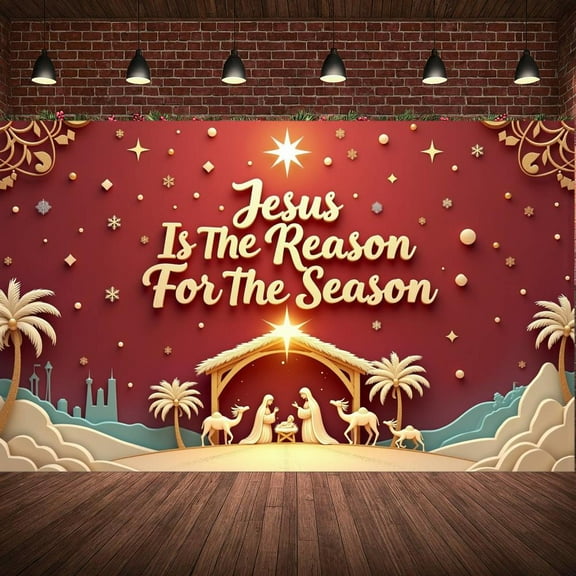 Red Background Christmas Banner Gold Decor Nativity Banner Nativity Scene Star Jesus Banner for Christmas Celebration Church Event Home Decoration