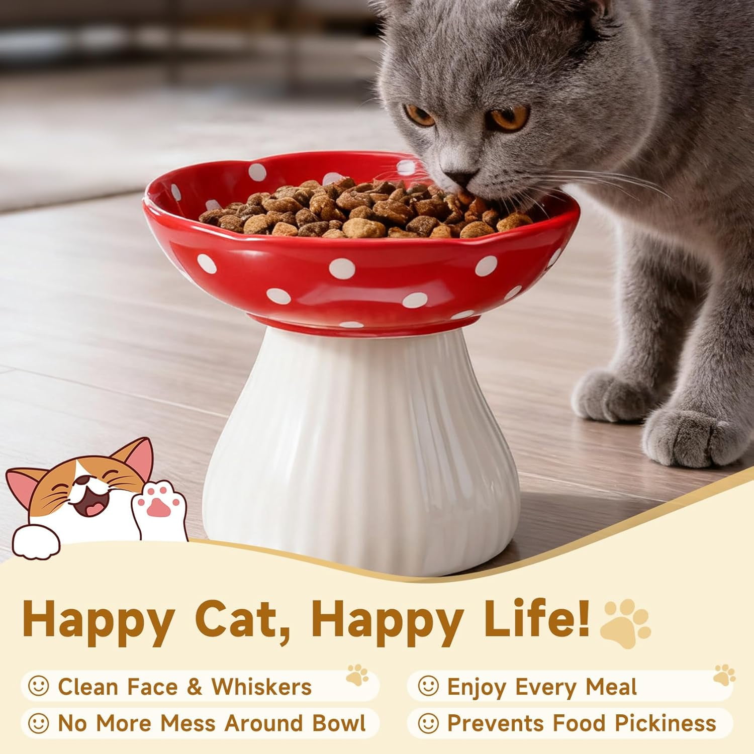 Lead & Cadmium Free Ceramic Elevated Cat Bowls for Food and Water, Red and Yellow Design to Prevent Whisker Fatigue
