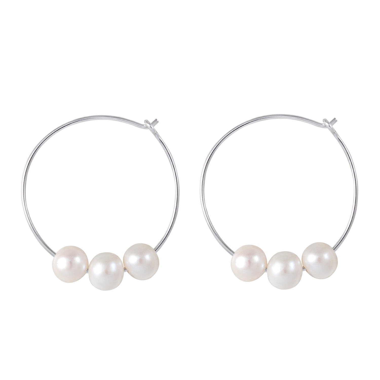 925 Sterling SIlver Hoop Earrings Three 7.58mm Handpicked AA Quality Cultured Freshwater Pearls