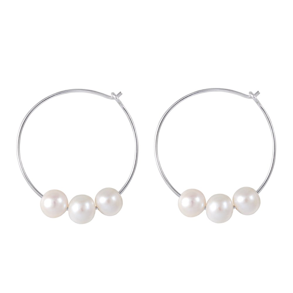 Splendid Pearls 925 Sterling SIlver Hoop Earrings Three 7.58mm