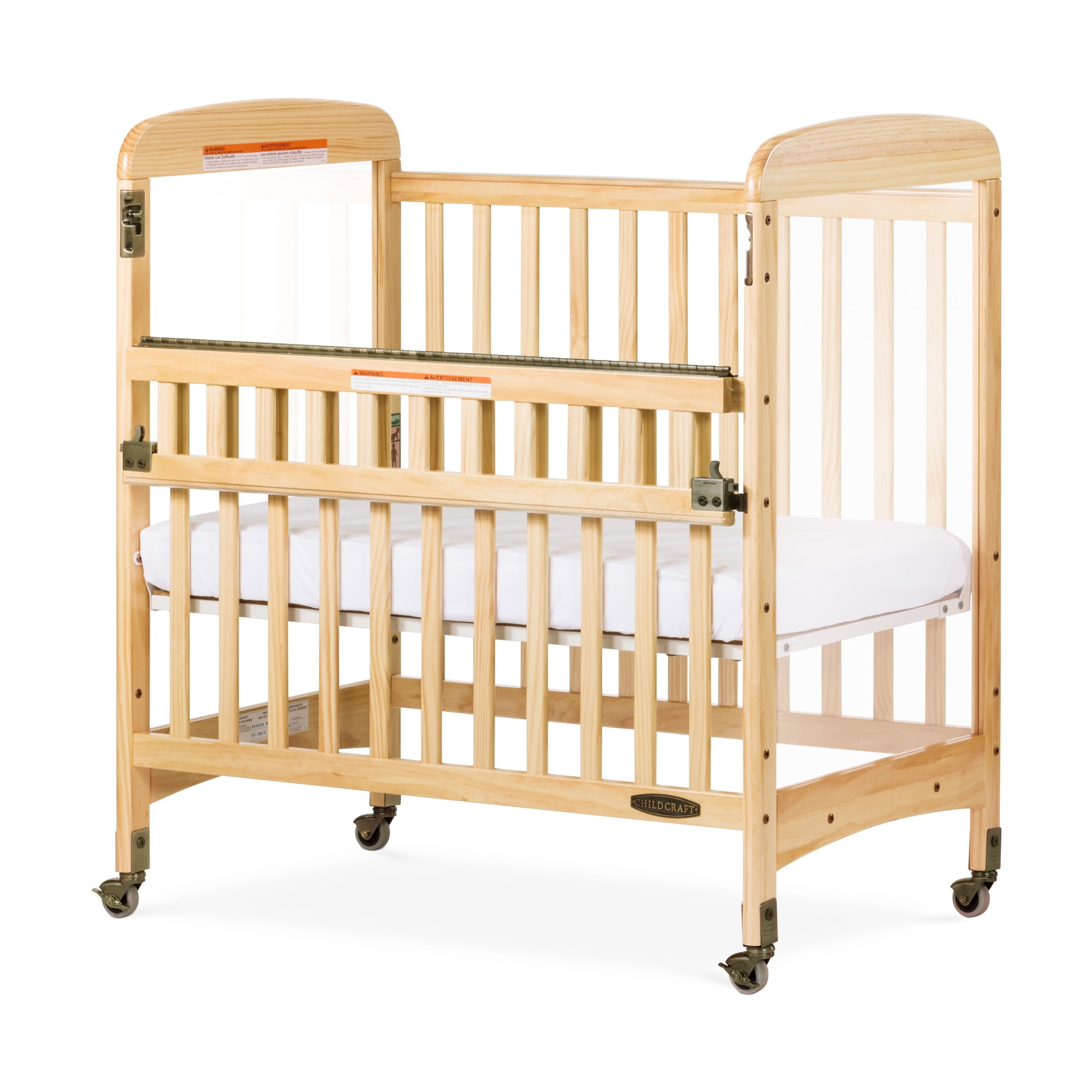 Child Craft Avery SafeAccess Compact Portable Crib with 3- lnch Mattress, ClearView Panels, Natural