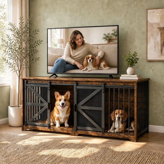 Amlancher 63-Inch Double Dog Crate Furniture with Sliding Barn Doors, Removable Divider and TV Stand for 2 Small/Medium Dogs