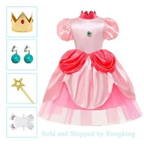 Rongking Princess Peach Dress Set for Girls, Super Brothers Costume Suit, Halloween Party Fancy-Dress for 4-9Y