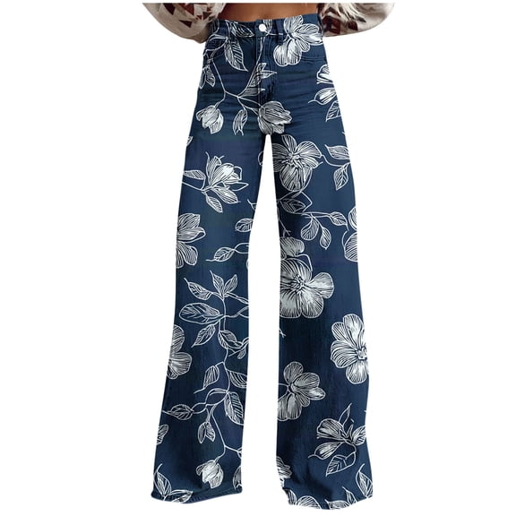 DeHolifer Women's Palazzo Pants Plus Size Casual Boho Floral Wide Leg Baggy Long Trousers with Pockets Blue L