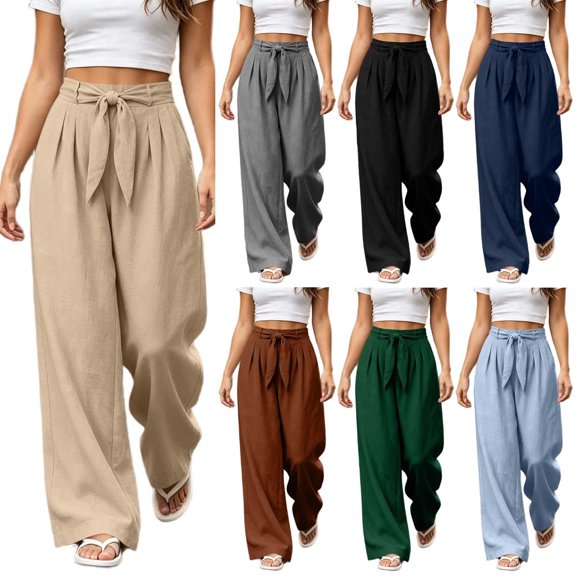 Women Solid Color Tie Elastic Waist Long Pants, Loose Casual Trousers with Side Pockets, Daily Walking Vacation Pants Khaki XL(XL)