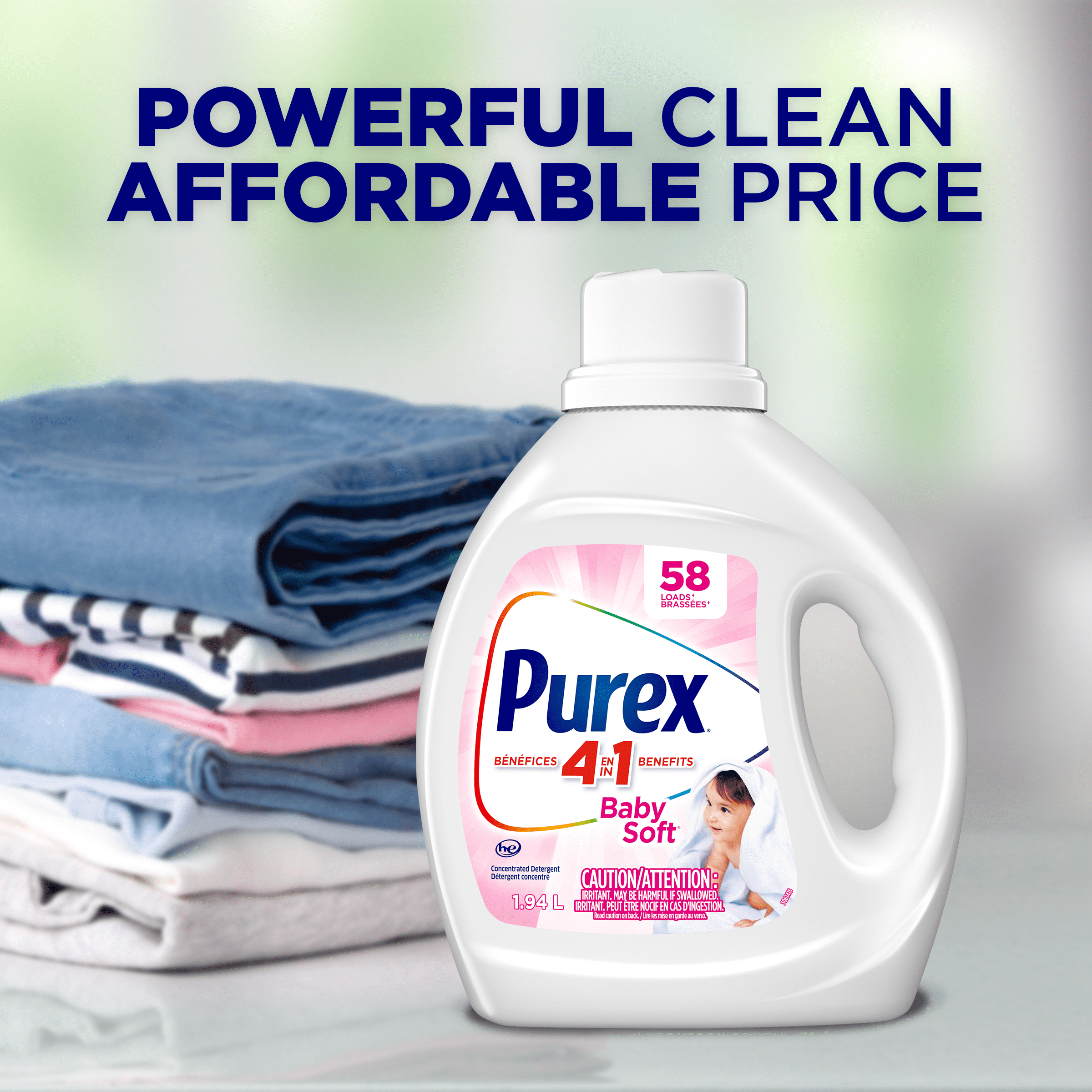 Détergent à lessive liquide hypoallergénique concentré, Purex Baby Soft, sans colorant, testé par des dermatologues pédiatriques, 1,17 L, 35 brassées, compatible avec les laveuses HE