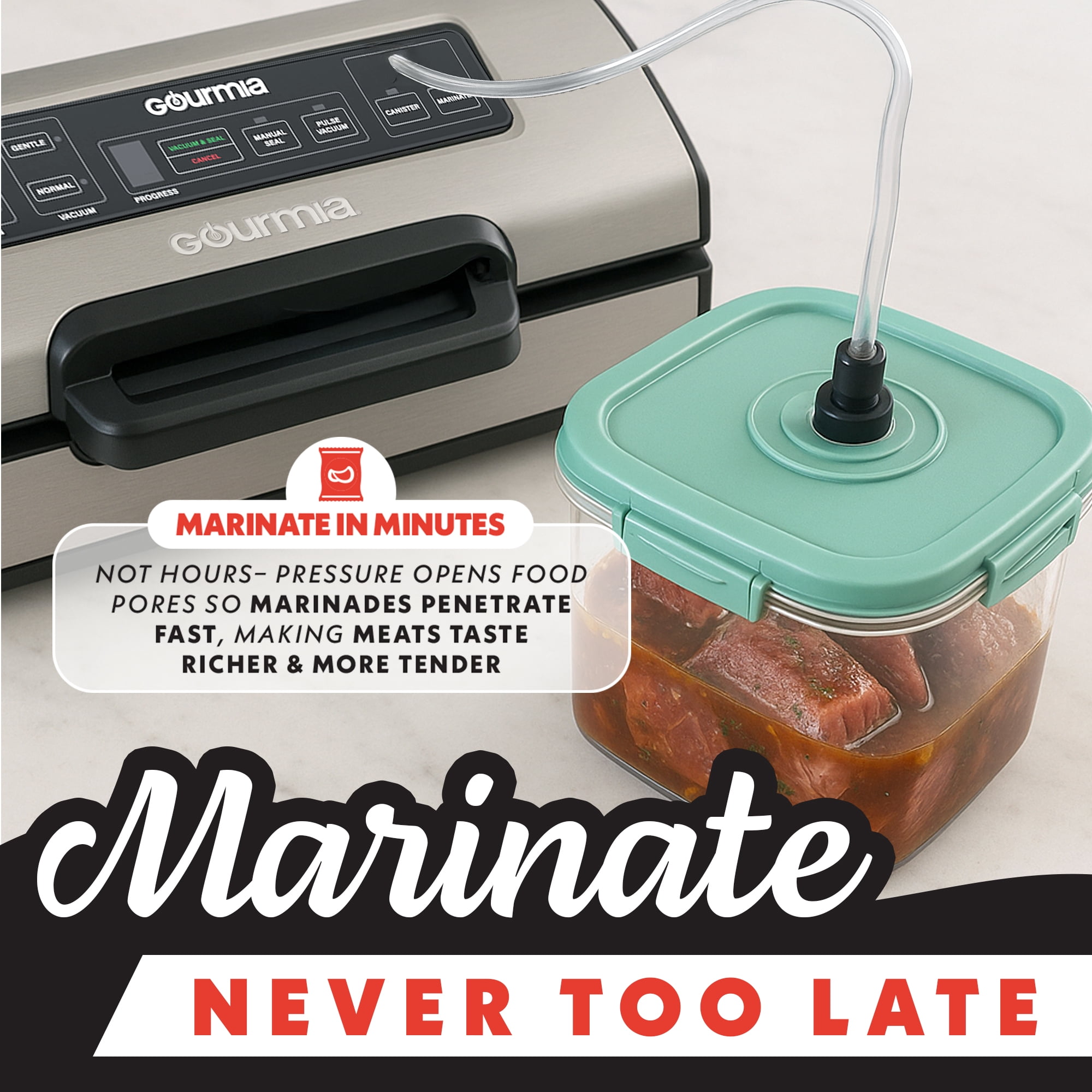 Gourmia Vacuum Sealer, Adjustable Seal and Pressure Settings, Built-In Bag Cutter, Stainless Steel