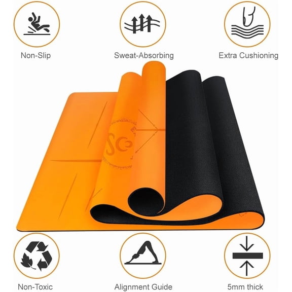 Natural Rubber Yoga Mat - Non Slip Non Toxic - 5mm Thick Yoga Mat for Hot Yoga/Pilates - Extra Large 26.8’’ with Alignment Guide - Sweat Proof - with Carrying Bag