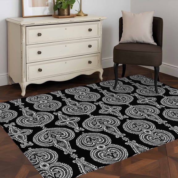 3'x5' Area Rugs, Black Geometric Indoor Outdoor Area Rug for Living Room Bedroom, Paisley Modern Abstract Flower Washable Bathroom Rugs Kitchen Floor Carpet Mats Home Decor Aesthetic
