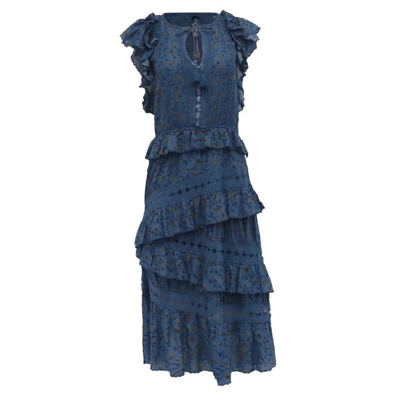 Pre-Owned Sea New York Rosalie Ruffle Floral Midi Dress in Blue Cotton