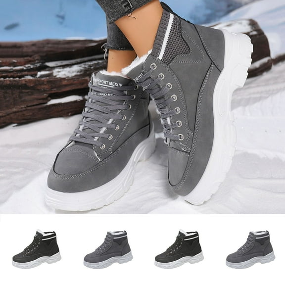 Knee High Boots Women Fashionable Casual Winter Warm Short Boots Solid Color Round Toe Front Lace-Up Thick Sole Ankle Boots