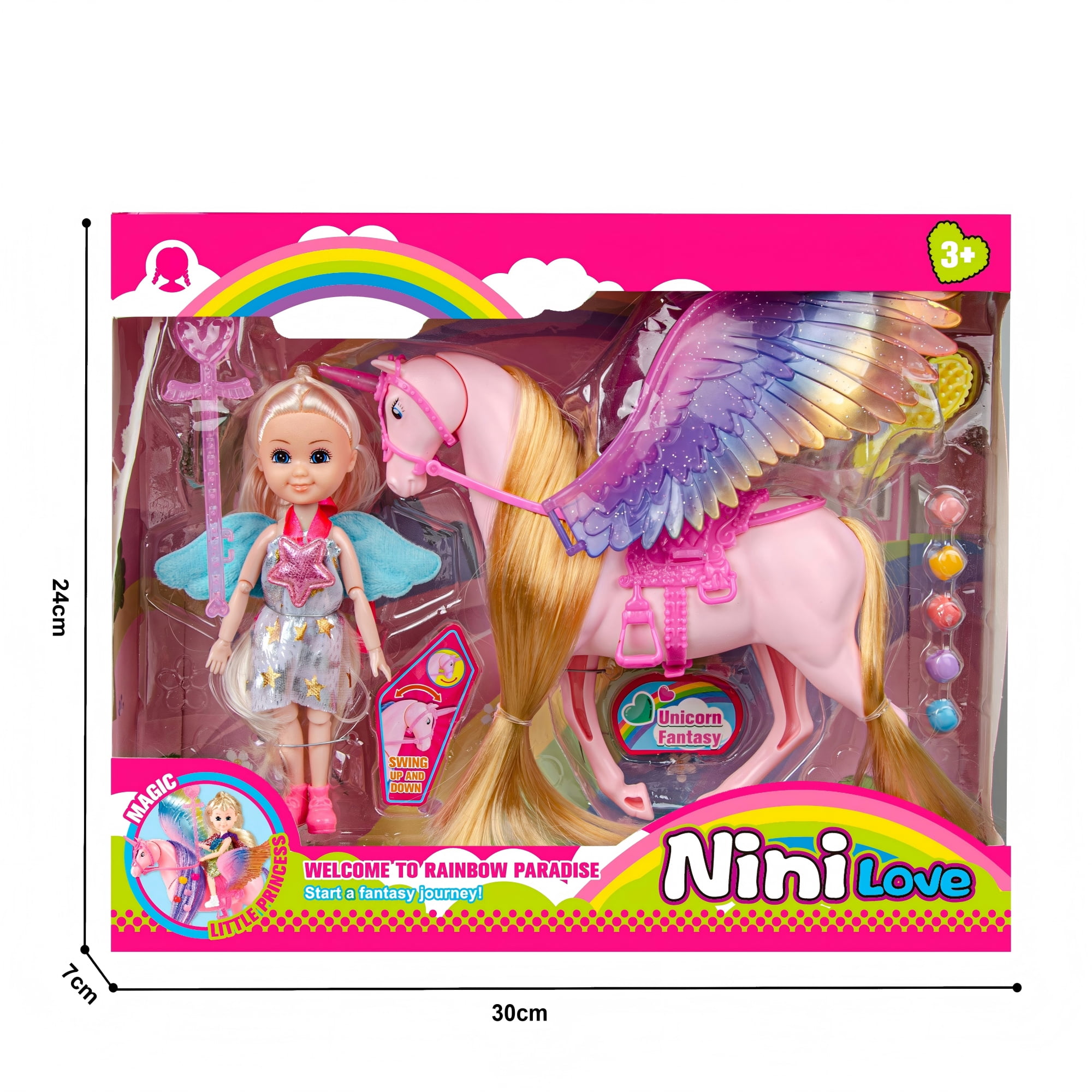 DEGIDEGI Unicorn Fantasy Doll & Pegasus Set, Rainbow Paradise Magic Princess Toy for Girls, Glitter Wings, Movable Accessories & Colorful Play Set for Girls and Boys 3+