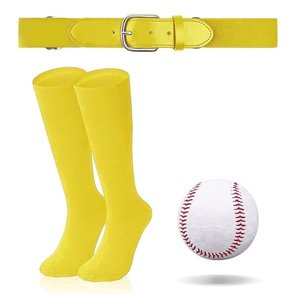 Amaopus Baseball Socks for Toddler Youth, 3-in-1 Baseball & Softball Combo Set for Boys & Girls Ages 3-7, Includes 2 Pairs Socks, 1 Adjustable Belt, 1 Soft Practice Ball, Yellow